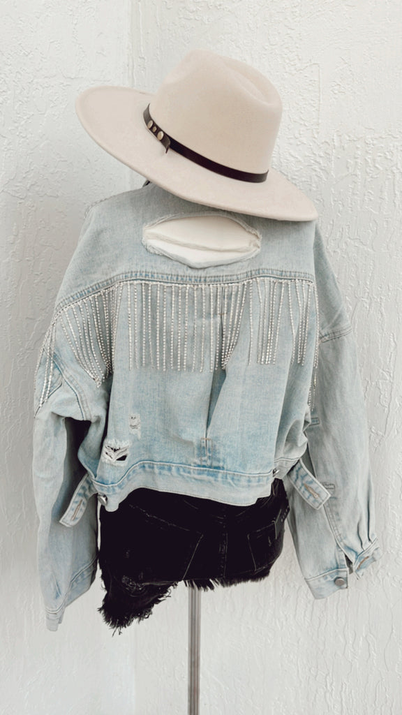 Show Stopper Rhinestone Fringe Denim Jacket