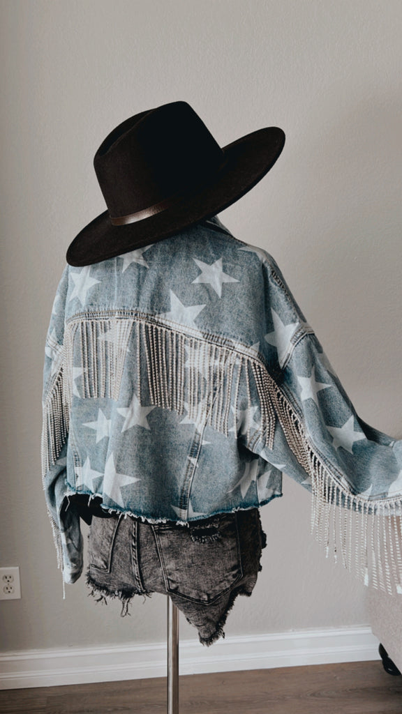 Nashville Vibes Denim Fringe Rhinestone Jacket