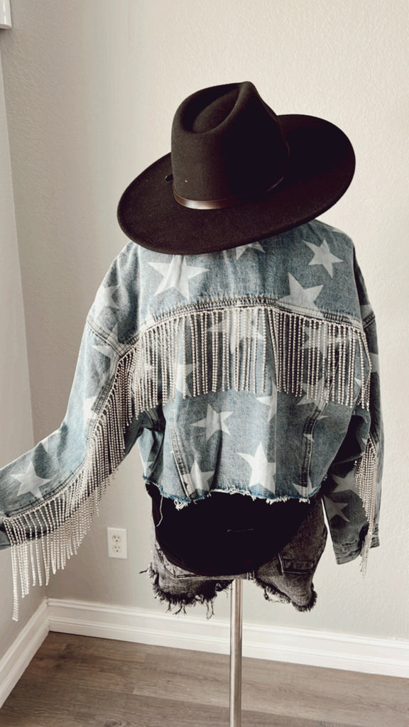 Nashville Vibes Denim Fringe Rhinestone Jacket